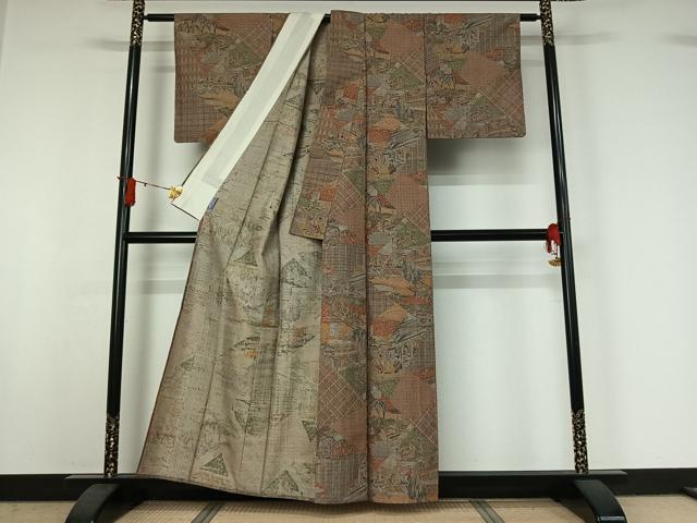 平和屋着物▽上質な小紋　単衣　紬地　手描き　切嵌人物風景文　正絹　逸品　AABI9640jh