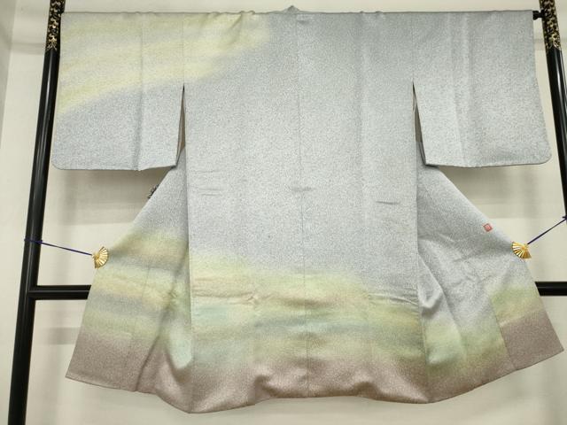 平和屋着物●久保田一竹　幻の辻が花　道中着　霞文　暈し染め　金通し地　ロング丈　正絹　逸品　AABI9648ck
