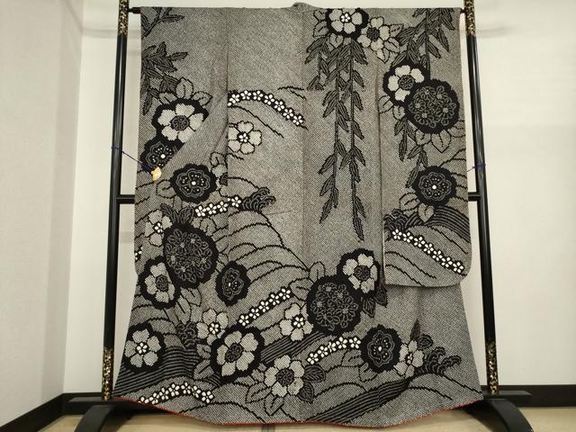 平和屋着物●豪華振袖　総絞り　立波花文　黒地　正絹　逸品　未使用　AABI9661ck
