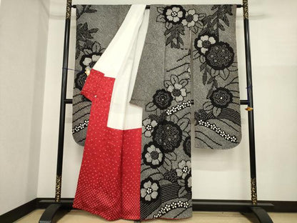 平和屋着物●豪華振袖　総絞り　立波花文　黒地　正絹　逸品　未使用　AABI9661ck