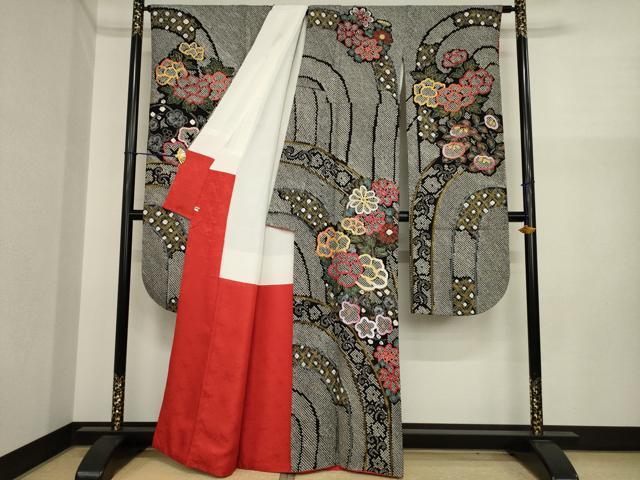 平和屋着物●豪華振袖　総絞り　立波花文　黒地　金彩　正絹　逸品　AABI9665ck