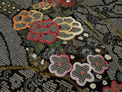 平和屋着物●豪華振袖　総絞り　立波花文　黒地　金彩　正絹　逸品　AABI9665ck