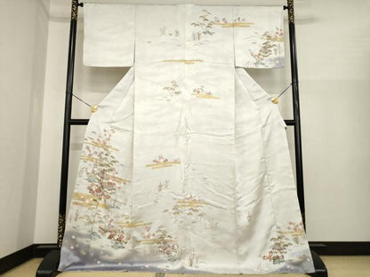 平和屋着物●訪問着　駒刺繍　風景花文　金彩　ロング丈　正絹　逸品　AABI9670ck