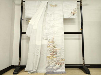 平和屋着物●訪問着　駒刺繍　風景花文　金彩　ロング丈　正絹　逸品　AABI9670ck