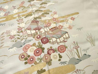 平和屋着物●訪問着　駒刺繍　風景花文　金彩　ロング丈　正絹　逸品　AABI9670ck