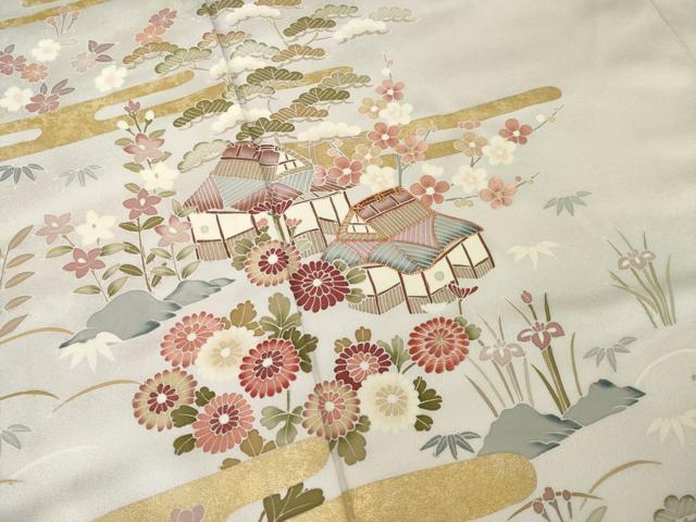 平和屋着物●訪問着　駒刺繍　風景花文　金彩　ロング丈　正絹　逸品　AABI9670ck