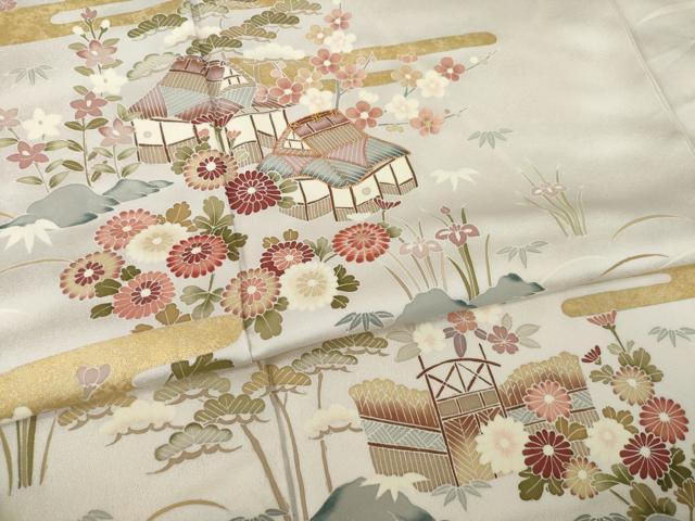 平和屋着物●訪問着　駒刺繍　風景花文　金彩　ロング丈　正絹　逸品　AABI9670ck