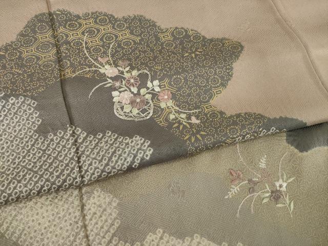 平和屋着物●訪問着　駒刺繍　絞り　雲重ね花篭文　金彩　正絹　逸品　未使用　AABI9672ck