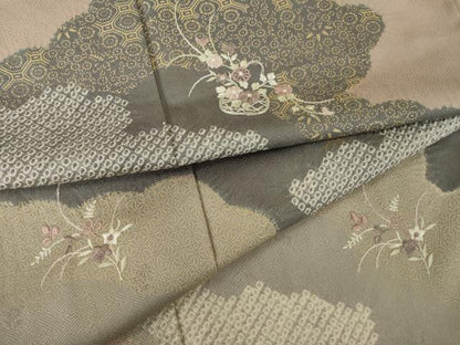 平和屋着物●訪問着　駒刺繍　絞り　雲重ね花篭文　金彩　正絹　逸品　未使用　AABI9672ck