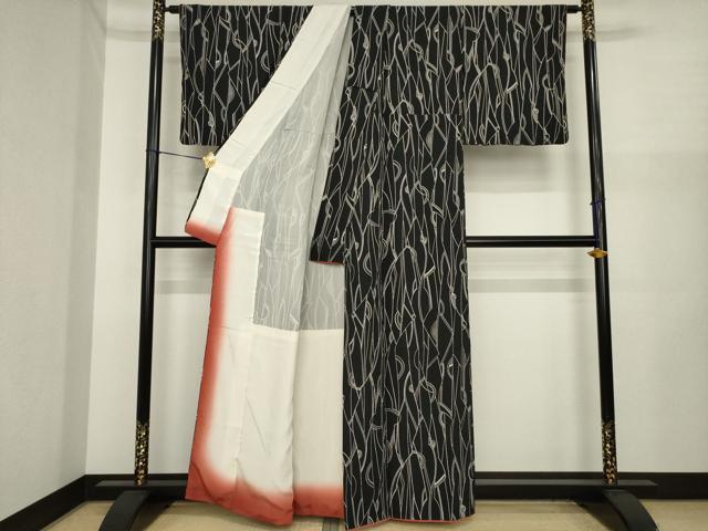 平和屋着物●上質な小紋　伊勢型　幾何学文様　黒地　反端付き　正絹　逸品　AABI9686ck