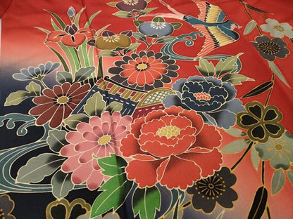 平和屋着物●手ざし京紅型染・宮崎紅型　宮崎良次　振袖・長襦袢(無双仕立て)セット　風景花鳥文　暈し染め　正絹　逸品　AABI9687ck