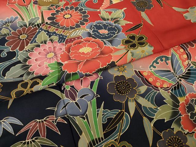 平和屋着物●手ざし京紅型染・宮崎紅型　宮崎良次　振袖・長襦袢(無双仕立て)セット　風景花鳥文　暈し染め　正絹　逸品　AABI9687ck