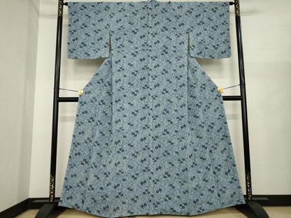 平和屋着物●上質な小紋　型染め　藍　草花文　鬼しぼ縮緬　正絹　逸品　AABI9693ck