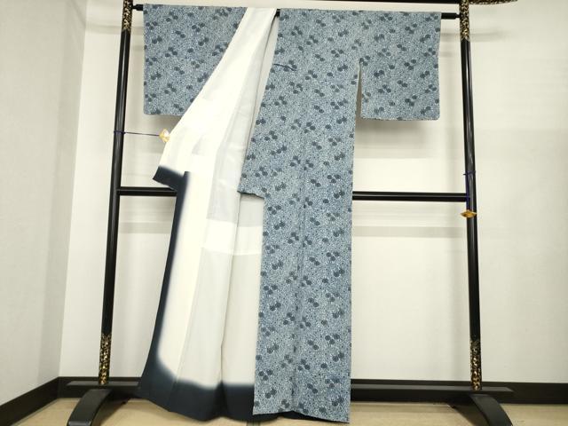 平和屋着物●上質な小紋　型染め　藍　草花文　鬼しぼ縮緬　正絹　逸品　AABI9693ck