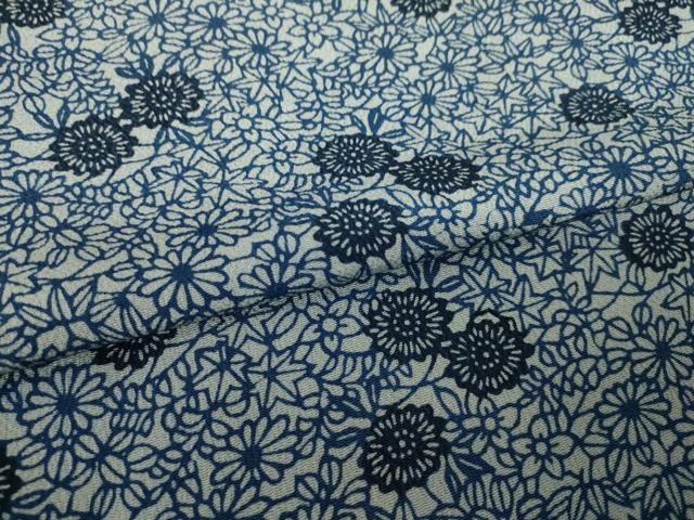 平和屋着物●上質な小紋　型染め　藍　草花文　鬼しぼ縮緬　正絹　逸品　AABI9693ck