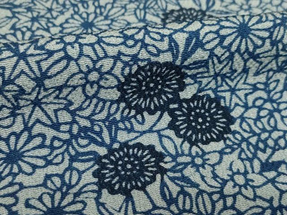 平和屋着物●上質な小紋　型染め　藍　草花文　鬼しぼ縮緬　正絹　逸品　AABI9693ck