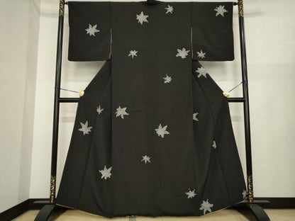平和屋着物●上質な小紋　総絞り　楓　黒地　正絹　逸品　AABI9694ck
