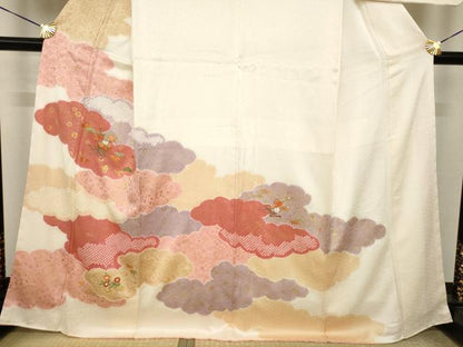 平和屋着物●訪問着　絞り　刺繍　雲重ね花文　正絹　逸品　AABI9696ck