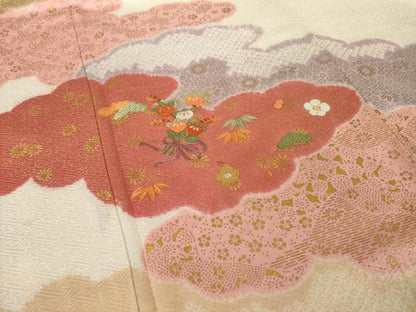 平和屋着物●訪問着　絞り　刺繍　雲重ね花文　正絹　逸品　AABI9696ck
