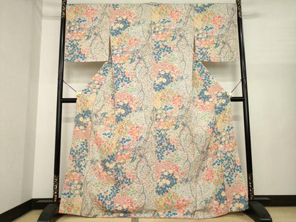 平和屋着物●上質な小紋　友禅　紬地　枝花文　正絹　逸品　AABI9704ck