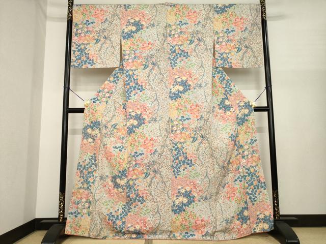 平和屋着物●上質な小紋　友禅　紬地　枝花文　正絹　逸品　AABI9704ck