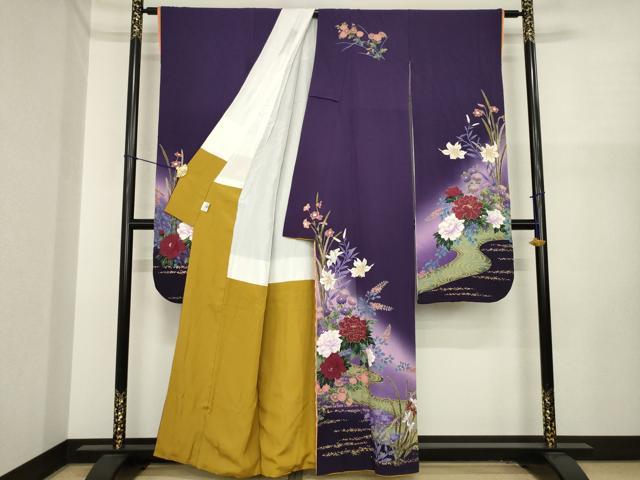 平和屋着物●ブライダルファッションデザイナー・桂由美　振袖　流水花文　暈し染め　金彩　正絹　逸品　AABI9707ck