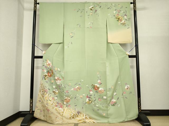 平和屋着物●訪問着　駒刺繍　雪輪花文　暈し染め　金彩　正絹　逸品　AABI9715ck
