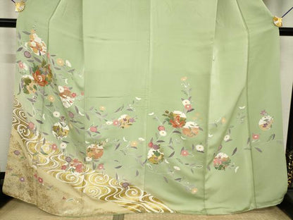 平和屋着物●訪問着　駒刺繍　雪輪花文　暈し染め　金彩　正絹　逸品　AABI9715ck