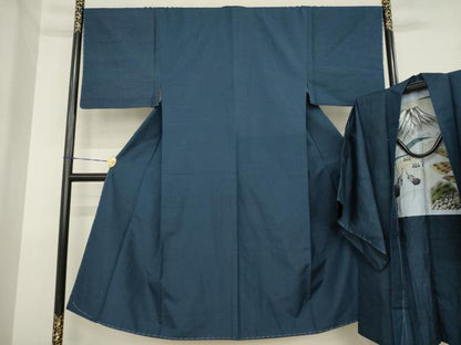 平和屋着物●男性　紬　アンサンブル　網代織　藍鉄色　正絹　逸品　未使用　AABI9719ck