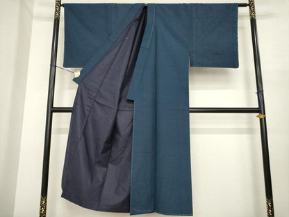 平和屋着物●男性　紬　アンサンブル　網代織　藍鉄色　正絹　逸品　未使用　AABI9719ck
