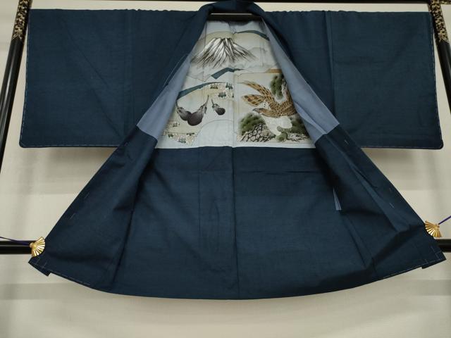 平和屋着物●男性　紬　アンサンブル　網代織　藍鉄色　正絹　逸品　未使用　AABI9719ck