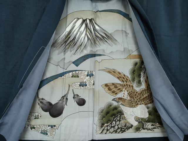 平和屋着物●男性　紬　アンサンブル　網代織　藍鉄色　正絹　逸品　未使用　AABI9719ck
