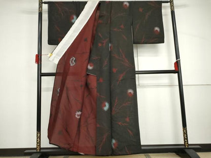 平和屋着物＊夏物　小紋　風通紗　枝花文　黒地　銀通し地　AABI9724cs