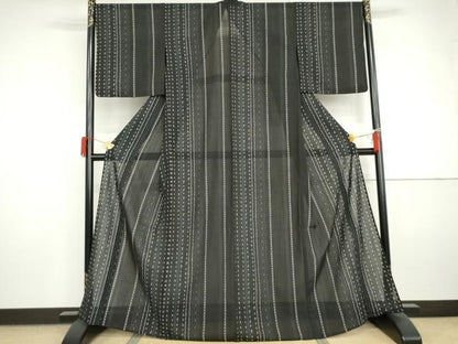 平和屋着物＊夏物　小紋　紗　花間道　黒地　洗える着物　AABI9734cs