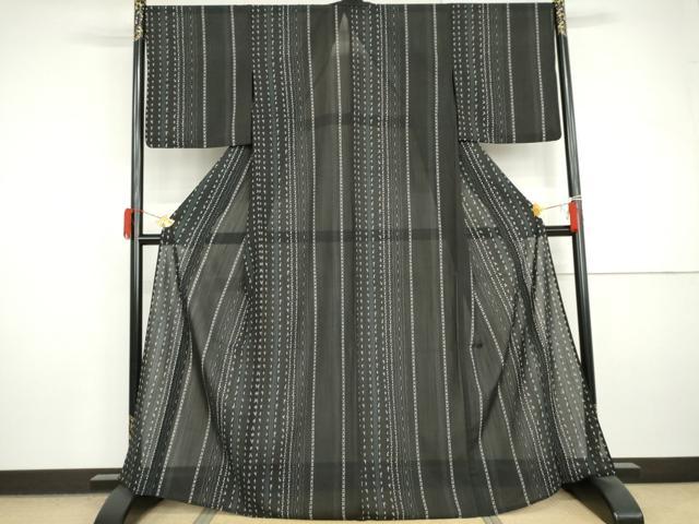 平和屋着物＊夏物　小紋　紗　花間道　黒地　洗える着物　AABI9734cs