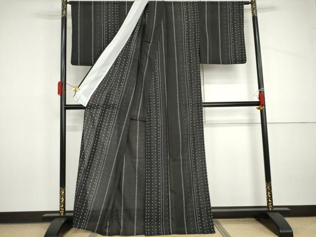 平和屋着物＊夏物　小紋　紗　花間道　黒地　洗える着物　AABI9734cs
