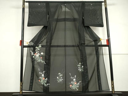 平和屋着物＊夏物　黒留袖　絽　流水草花文　洗える着物　未使用　AABI9743cs