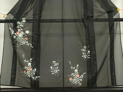 平和屋着物＊夏物　黒留袖　絽　流水草花文　洗える着物　未使用　AABI9743cs