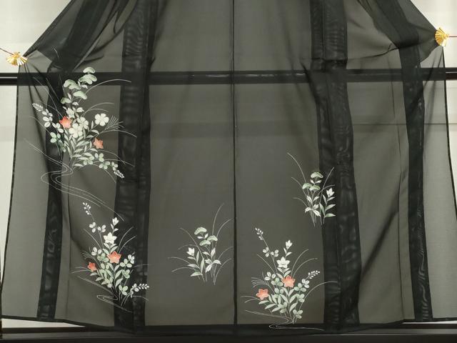 平和屋着物＊夏物　黒留袖　絽　流水草花文　洗える着物　未使用　AABI9743cs