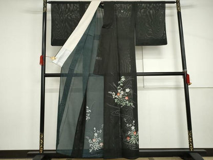 平和屋着物＊夏物　黒留袖　絽　流水草花文　洗える着物　未使用　AABI9743cs