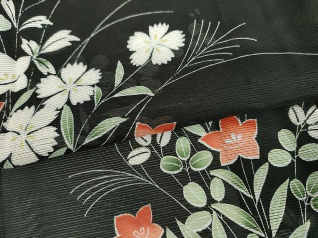 平和屋着物＊夏物　黒留袖　絽　流水草花文　洗える着物　未使用　AABI9743cs