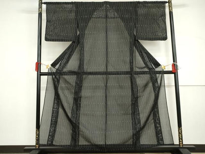 平和屋着物＊夏物　お召　風通紗　幾何学文様　黒地　正絹　逸品　AABI9746cs