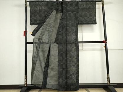 平和屋着物＊夏物　お召　風通紗　幾何学文様　黒地　正絹　逸品　AABI9746cs