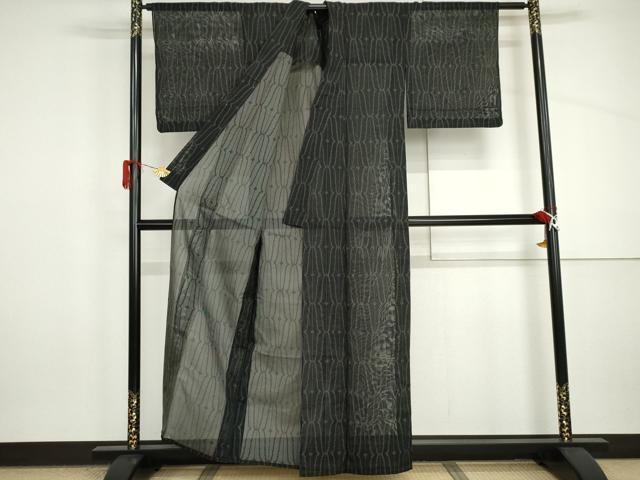 平和屋着物＊夏物　お召　風通紗　幾何学文様　黒地　正絹　逸品　AABI9746cs