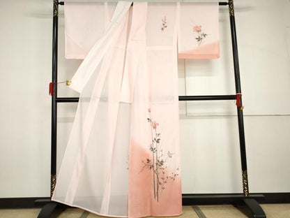 平和屋着物＊夏物　訪問着　絽　手描き　枝花文　暈し染め　洗える着物　AABI9749cs
