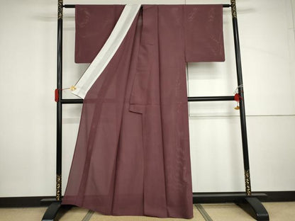 平和屋着物＊夏物　色無地　縦絽　暗紅色　正絹　逸品　AABI9770cs