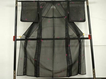平和屋着物＊夏物　小紋　枝花文　黒地　正絹　逸品　AABI9776cs