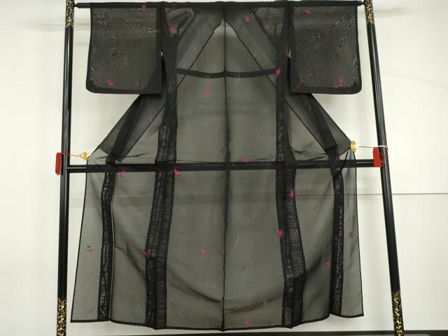 平和屋着物＊夏物　小紋　枝花文　黒地　正絹　逸品　AABI9776cs