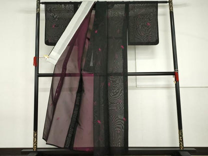 平和屋着物＊夏物　小紋　枝花文　黒地　正絹　逸品　AABI9776cs