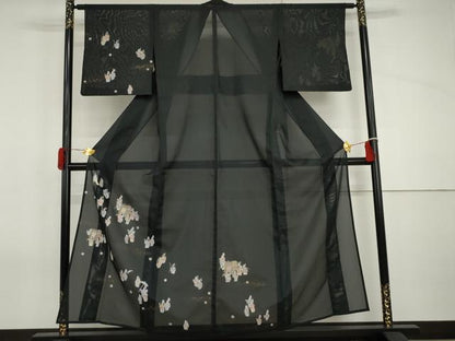 平和屋着物＊夏物　訪問着　絽　御所車人物風景文　黒地　金彩　洗える着物　AABI9780cs